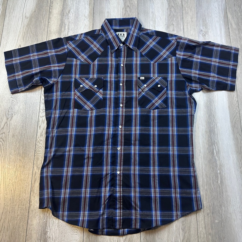 Ely Cattleman Mens Large Blue Red Plaid Pearl Snap Short Sleeve Western Shirt